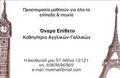 Επαγγελματική κάρτα για Καθηγητές ΑγγλικώνΑνακαλύψτε την ιδανική επαγγελματική κάρτα για καθηγητές αγγλικών που συνδυάζει αισθητική και επαγγελματισμό. Το σχέδιο χαρακτηριστικά είναι κομψό, με σύγχρονα χρώματα όπως το μπλε και το λευκό, που αποπνέουν έναν αέρα αξιοπιστίας και φρεσκάδας. Η καθαρή διάταξη επιτρέπει μια εύκολη ανάγνωση, ενώ η γραμματοσειρά επιλέχθηκε προσεκτικά για να δίνει έμφαση στην επαγγελματική σας ταυτότητα.Η κάρτα αυτή αντανακλά πλήρως τον επαγγελματικό χαρακτήρα ενός καθηγητή αγγλικών, προσδιορίζοντας τη σοβαρότητα και την αφοσίωση που απαιτεί το επάγγελμα. Κάθε στοιχείο της κάρτας έχει σχεδιαστεί για να αποπνέει αξιοπιστία, κάνοντάς την ιδανική για επαφή με μαθητές ή γονείς.Η ευχρηστία της κάρτας σας επιτρέπει να προσθέσετε στοιχεία όπως το όνομά σας, το τηλέφωνο επικοινωνίας και το λογότυπό σας. Αυτή η δυνατότητα προσαρμογής καθιστά την κάρτα ιδανική για τον προσωπικό σας στυλ.Με τη συγκεκριμένη επαγγελματική κάρτα, μπορείτε να προβληθείτε στην αγορά και να επισημάνετε τις υπηρεσίες σας, προσελκύοντας νέους μαθητές πιο εύκολα. Με κάθε κάρτα που διανέμετε, έχετε την ευκαιρία να ξεχωρίσετε και να αφήσετε μια θετική εντύπωση στους παραλήπτες.Μπορείτε να κάνετε όποιες αλλαγές θέλετε μέσω του online σχεδιαστικού εργαλείου.