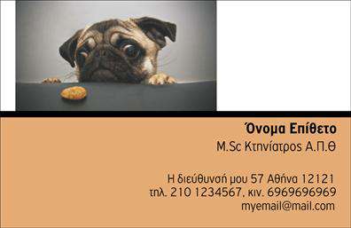 Επαγγελματική κάρτα για ΚτηνίατροιΑνακαλύψτε μια κομψή και επαγγελματική κάρτα ειδικά σχεδιασμένη για κτηνίατροι. Το σχέδιο χαρακτηρίζεται από απαλά χρώματα που αποπνέουν εμπιστοσύνη και ηρεμία, ιδανικά για τη σχέση που θέλετε να δημιουργήσετε με τους πελάτες σας. Η διάταξη της κάρτας είναι εργονομική και ξεκάθαρη, με χώρο για όλα τα απαραίτητα στοιχεία επικοινωνίας, όπως το όνομά σας, το τηλέφωνο και τη διεύθυνση. Η χρήση σύγχρονων γραμματοσειρών ενισχύει την αίσθηση του επαγγελματισμού, επιβεβαιώνοντας την αξιοπιστία των υπηρεσιών που προσφέρετε.Η κάρτα αυτή αντανακλά το επαγγελματικό σας προφίλ και δημιουργεί μία θετική εντύπωση στους πελάτες σας. Τα σημεία που προβάλλουν τις ειδικότητές σας είναι εύκολα αναγνωρίσιμα και ενθαρρύνουν την εμπιστοσύνη, γεγονός που είναι σημαντικό για την ανάπτυξη της πελατείας σας.Φυσικά, μπορείτε να προσαρμόσετε τη σχεδίαση σύμφωνα με τις δικές σας ανάγκες, προσθέτοντας το λογότυπό σας ή επιπλέον πληροφορίες για τις υπηρεσίες που προσφέρετε. Οι επαγγελματικές κάρτες μας παρέχουν τη δυνατότητα να προβάλετε τις προσφορές σας με μοναδικό τρόπο.Αφήστε το αναγνωρίσιμο στυλ και τη λειτουργικότητά της κάρτας να σας βοηθήσουν να ξεχωρίσετε στον κτηνοτροφικό τομέα, αφήνοντας θετική εντύπωση σε κάθε επαφή. Μπορείτε να κάνετε όποιες αλλαγές θέλετε μέσω του online σχεδιαστικού εργαλείου.